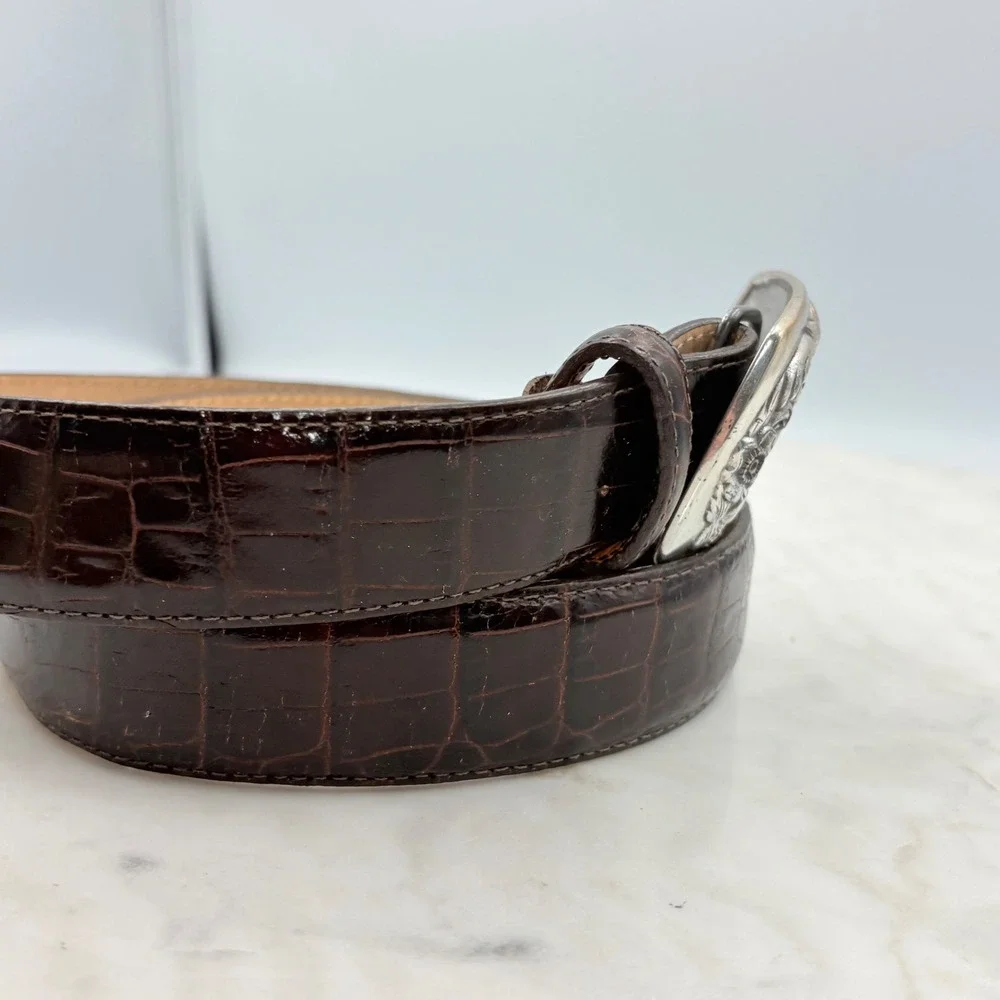 Brighton Croc Embossed Leather Belt Women Large Brown Floral Silver Buckle 24009